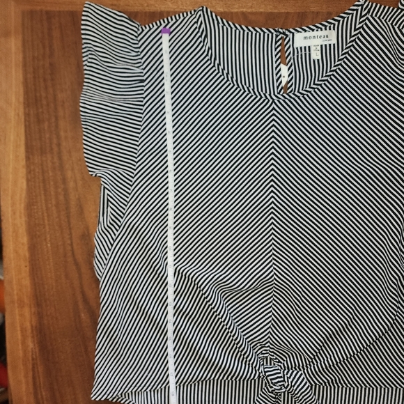 Monteau Black and White Stipe Flutter Sleeve, Sz L - Picture 8 of 12